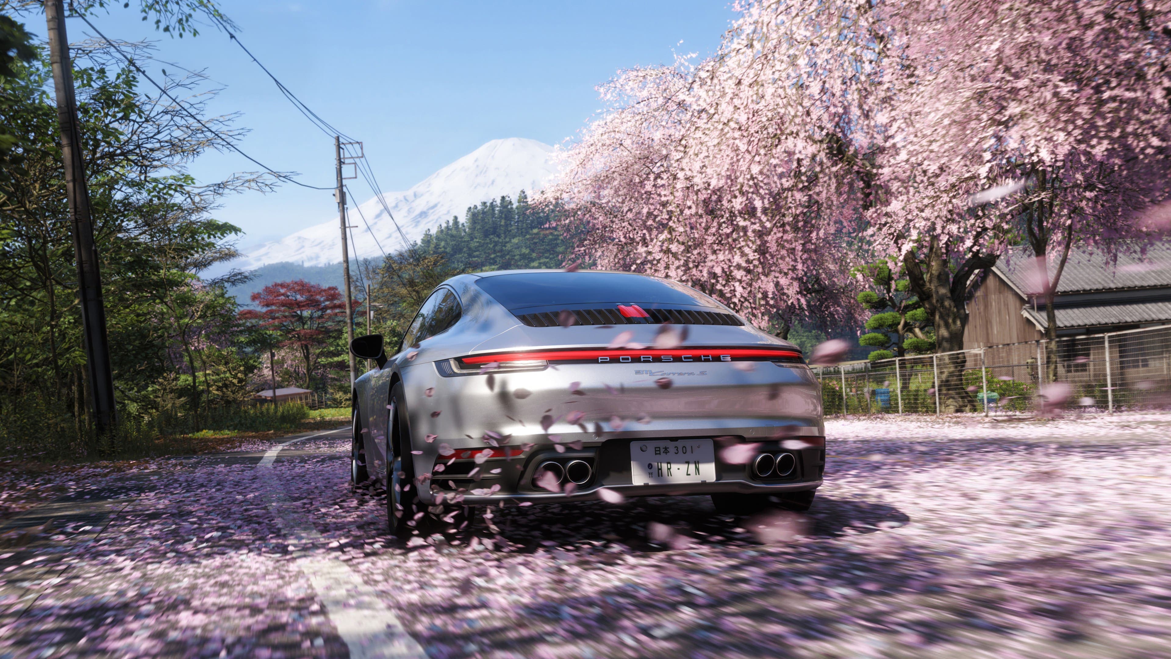 Forza Horizon 6 — silver Porsche 911 on a cherry-blossom road below a snow-capped mountain