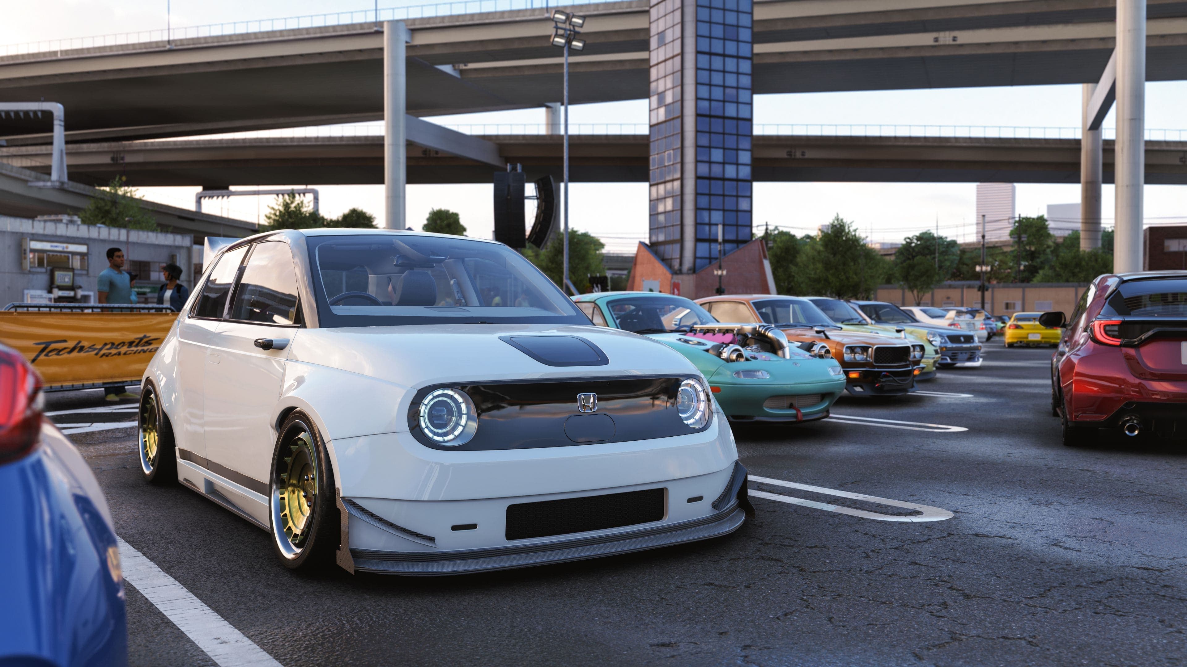 Forza Horizon 6 — white Honda e with gold wheels at a JDM car meet under a highway